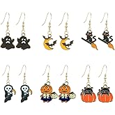 JDONL Halloween Earrings for Women Bat Witch Cat Set Pumpkin Skull Dangle Earring Jewelry Accessories Costumes