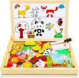 COOLJOY Wooden Magnetic Puzzle Board 100+ Pieces Pets Educational Drawings