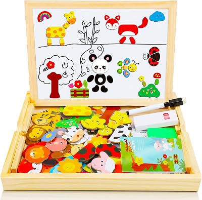 COOLJOY Wooden Magnetic Puzzle Board 100+ Pieces Pets Educational Drawings