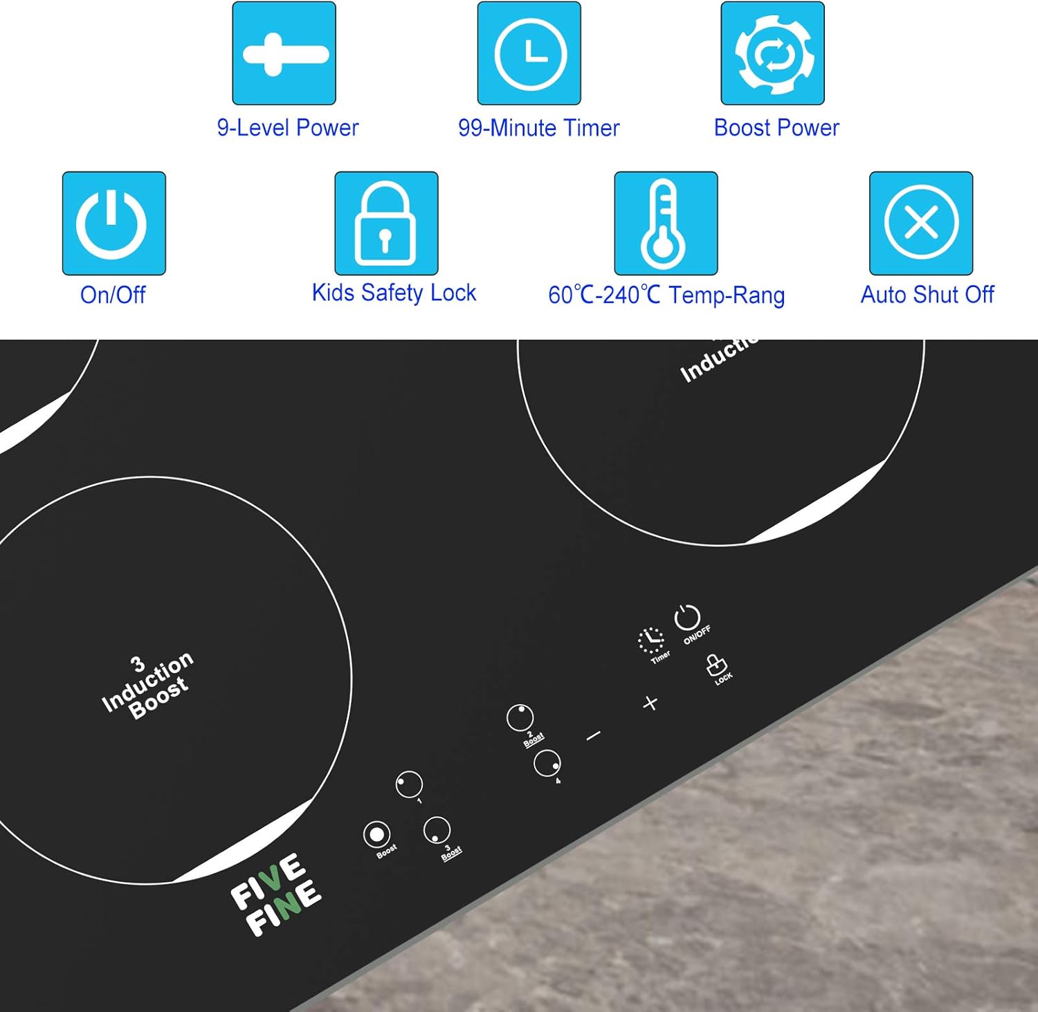 Induction Hob / 60 cm Builtin Cooktops / 7600 W 4 Zones with 2