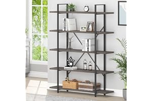 HSH 5 Shelf Bookcases and Book Shelves,Industrial Modern 5 Tier Tall Bookshelf, Rustic Wood and Metal Large Book Shelf for Bedroom Living Room,Vintage Open Wide Vertical Etagere Book Case, Dark Gray