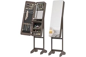 HOMCOM Freestanding Mirror Jewelry Cabinet Armoire, LED Lighted Jewelry Organizer with Stand, Angle Adjustable, Brown