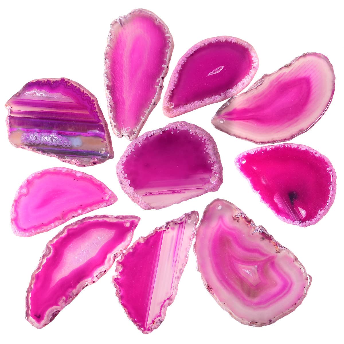 Nupuyai 10pcs Fuchsia Top Drilled Agate Slices, Irregular Polished Geode Agate Stone Pendant for Jewellery Making DIY Artwork, Slab Name Place Cards Set