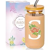 SENTVEND Initial Glass Cup with Lid and Straw Color-changing Monogrammed Gifts for Women 16 oz Iced Coffee Drinking Glass Tumbler Personalized Christmas Thanksgiving Birthday Gifts for Women Her Mom