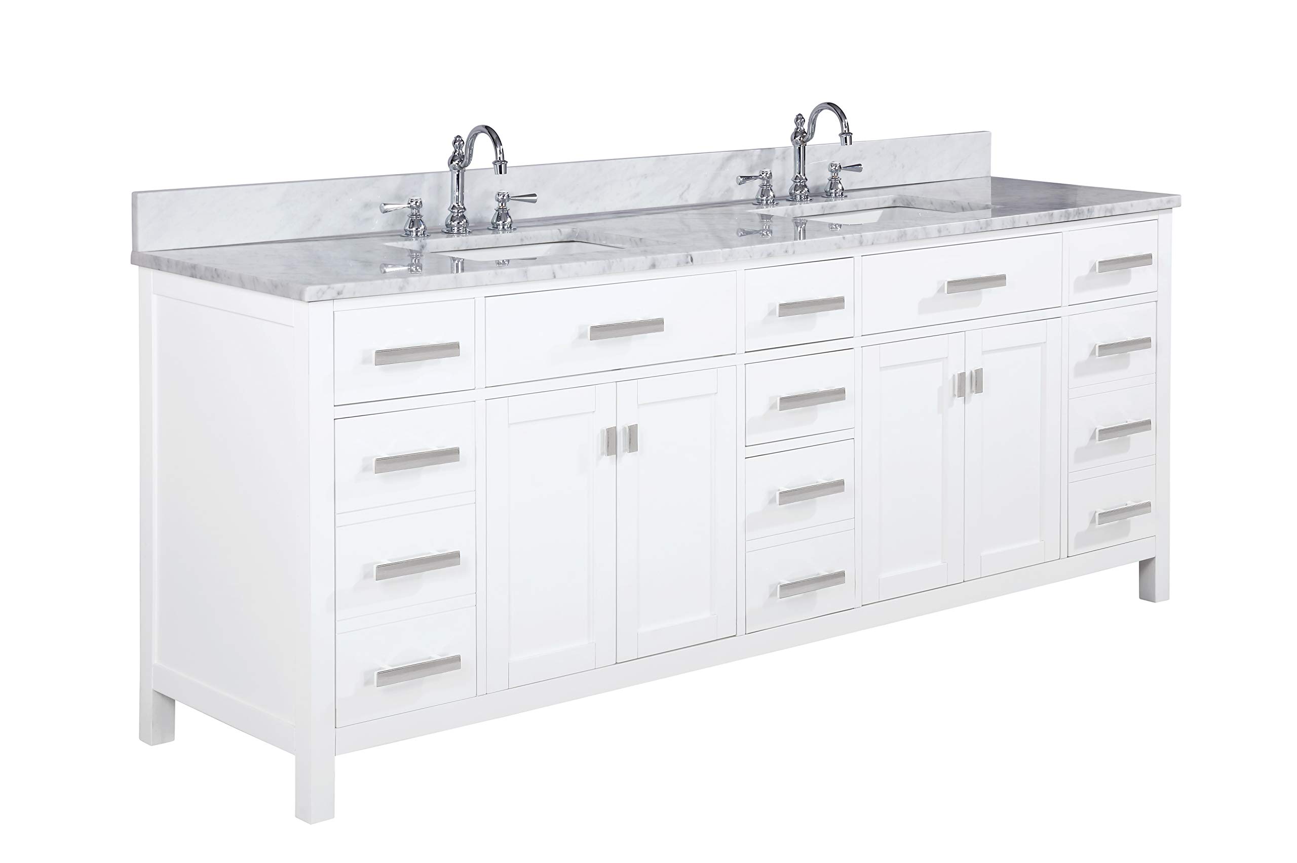 Design Element V01-84-WT Valentino 84" Pre-Assembled Double Bathroom Vanity Set in White-Comes with Marble Countertop and Porcelain Sink