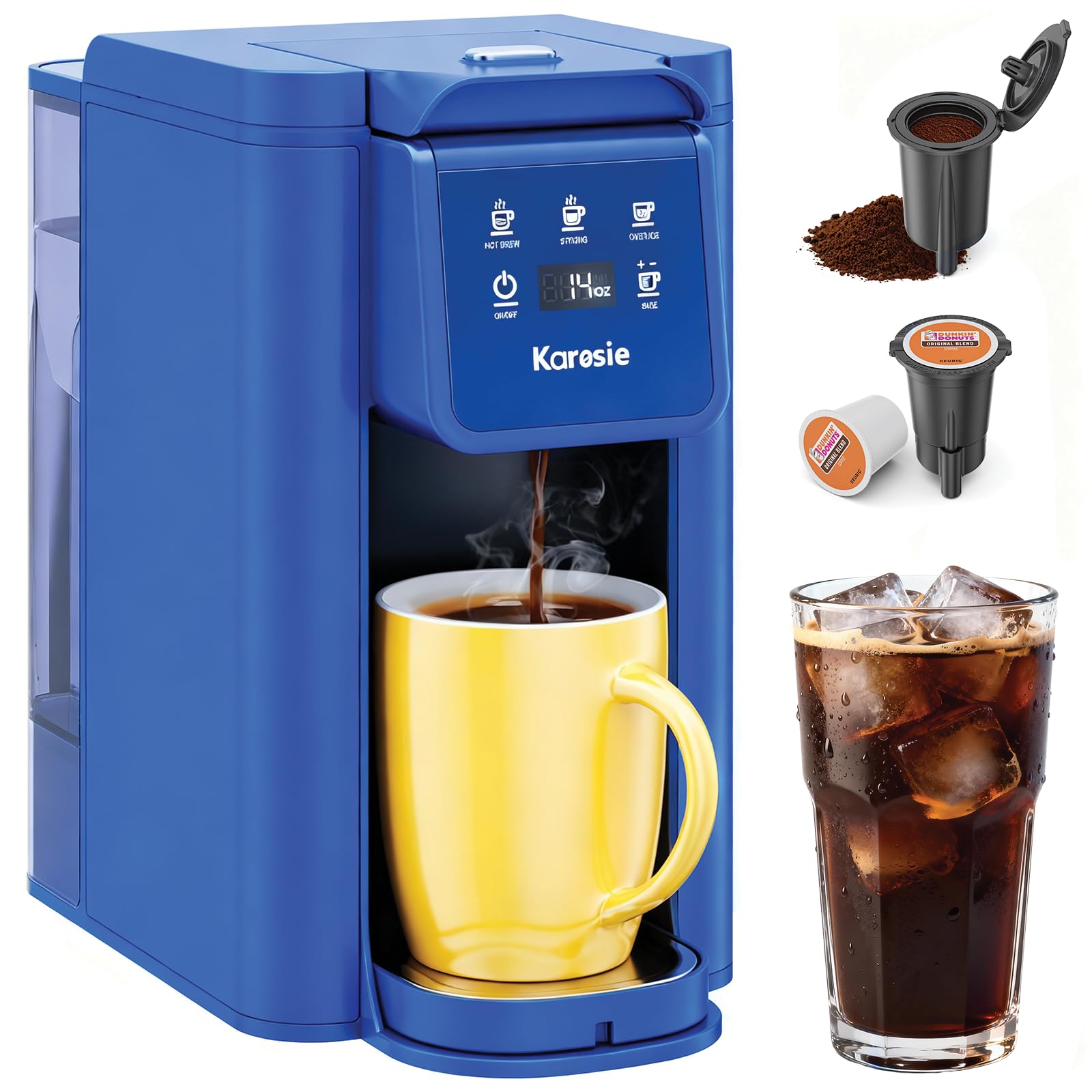 Karosie K Cup Coffee Maker, Hot & Iced Coffee Maker for K Cup and Grounds, 6-14 Oz Brew Sizes, 50oz Removable Tank, Single Cup Coffee Maker with Descaling Reminder, Stainless Steel,Blue