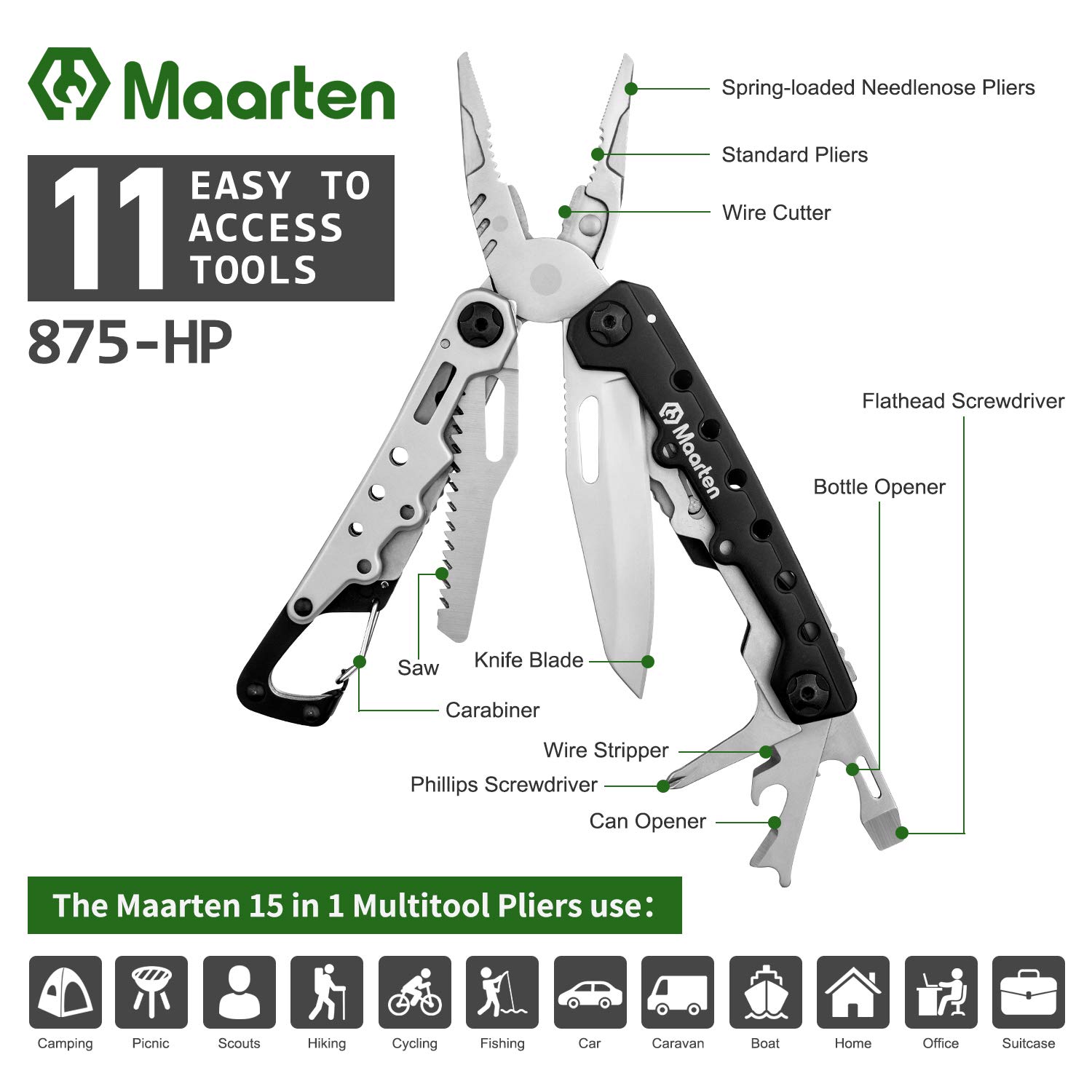 Maarten Multifunktionszange, 11 in 1 Kleines Karabiner Multitool Werkzeug, Faltbares Edelstahl Multifunktionswerkzeug mit Sicherheitsschloss und Nylonscheide, Geschenke für Männer Weihnachtsgeschenke 3