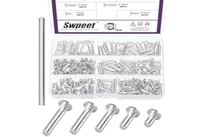 Swpeet 251Pcs 5 Sizes M4×6mm/10mm/14mm/18mm/20mm Aluminum Flat Head Semi Tubular Rivets with Punch Assortment Kit, Round Flat