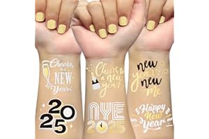 AOYOO New Years Eve Party Supplies 2025 Temporary Tattoos - 40 Glitter Styles, Black and Metallic Gold Tattoos, NYE Party Favors, Happy New Year Decorations, NYE 2025 Decor