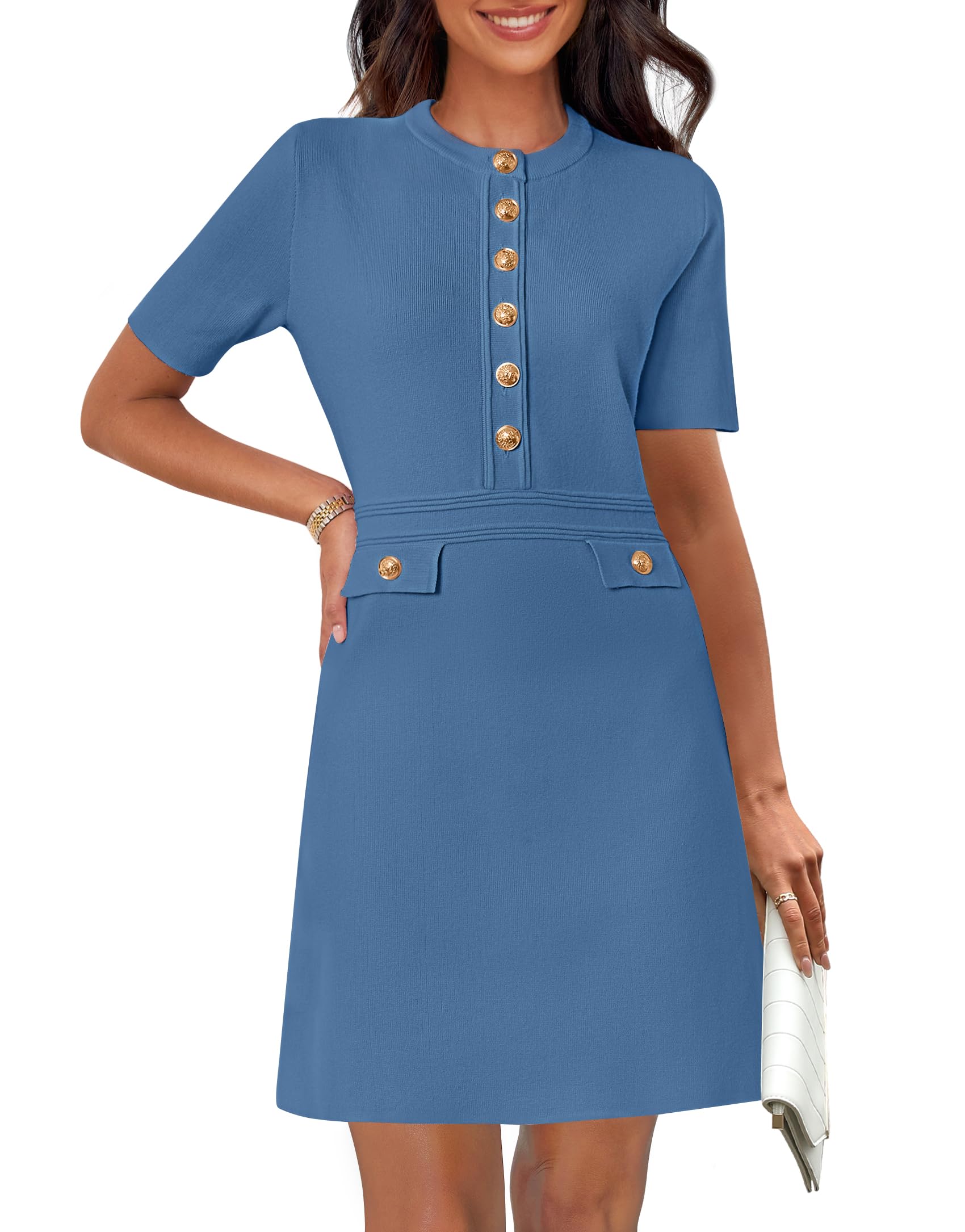 MEROKEETY Women's Knit Bodycon Sweater Dress Button Business Work Short Sleeve Formal Elegant Mini Dress, DarkBlue, Small Image