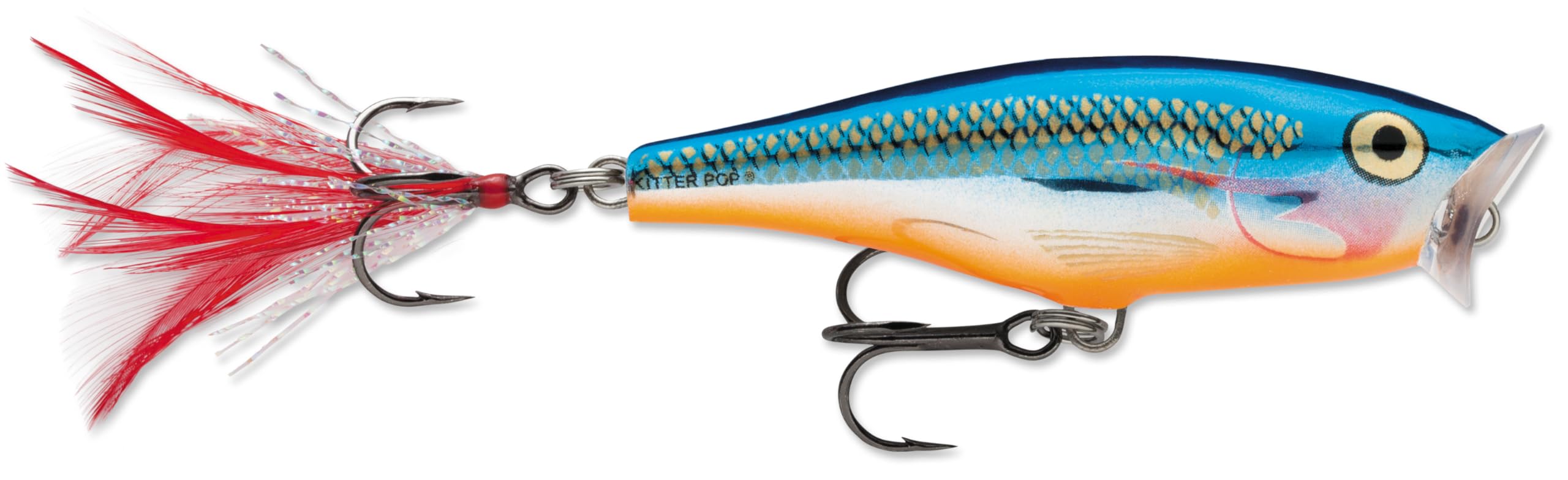 Rapala Skitter Pop Lure with Two No. 5 Hooks, Surface Swimming Depth, 7 cm Size, Silver Blue