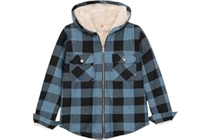 ZENTHACE Boys Sherpa Lined Full Zip Flannel Plaid Shirt Jacket,Cozy Hooded Flannel Shirt with Hand Pockets