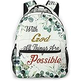 Bible Backpack Sage Green Floral Backpack Christian Gifts Back to School Bag with God All Things are Possible Bookbag for Women Kids Girls Boys Teens