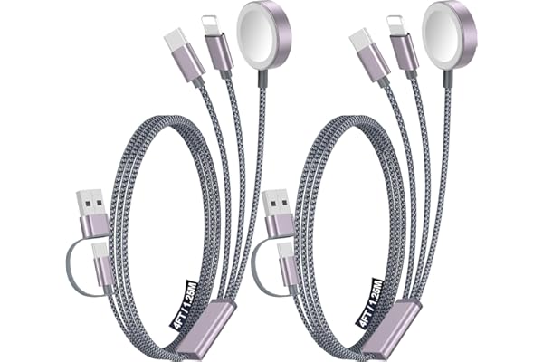 2Pack Travel Essentials for Apple Watch Charger,3-in-2 Multi Charging Cable | Cruise Vacation Camping Essentials for iPhone Charger,Type C/Lightning for iWatch,iPhone 17-12,Xbox Series X&S-4FT Gray
