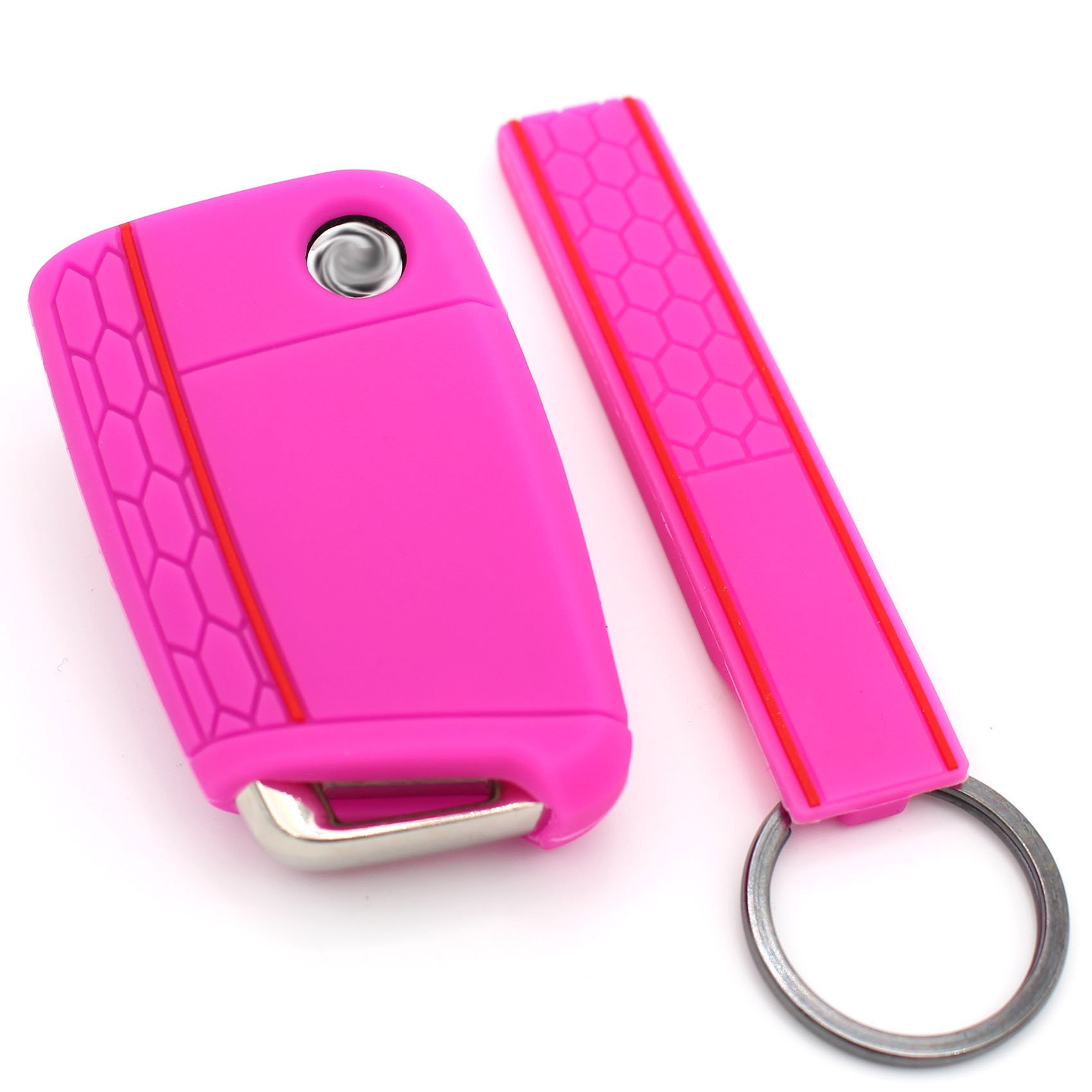 Finest-Folia Key Case + Key Tag VB for 3 Buttons Car Key Silicone Cover (Neon Pink)