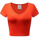 OThread & Co. Women's Short Sleeve V-Neck Crop Top Basic Comfy Stretch Tee