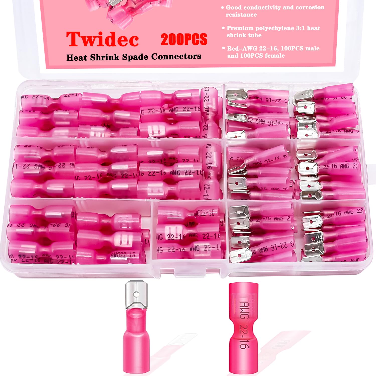 Photo 1 of Twidec/200PCS Heat Shrink Spade Connectors Kit 22-16 AWG Female and Male Spade Terminlas Quick Disconnect Connectors Fully Insulated Electrical Wire Crimp Connector Red for Automotive Marine N-072-R