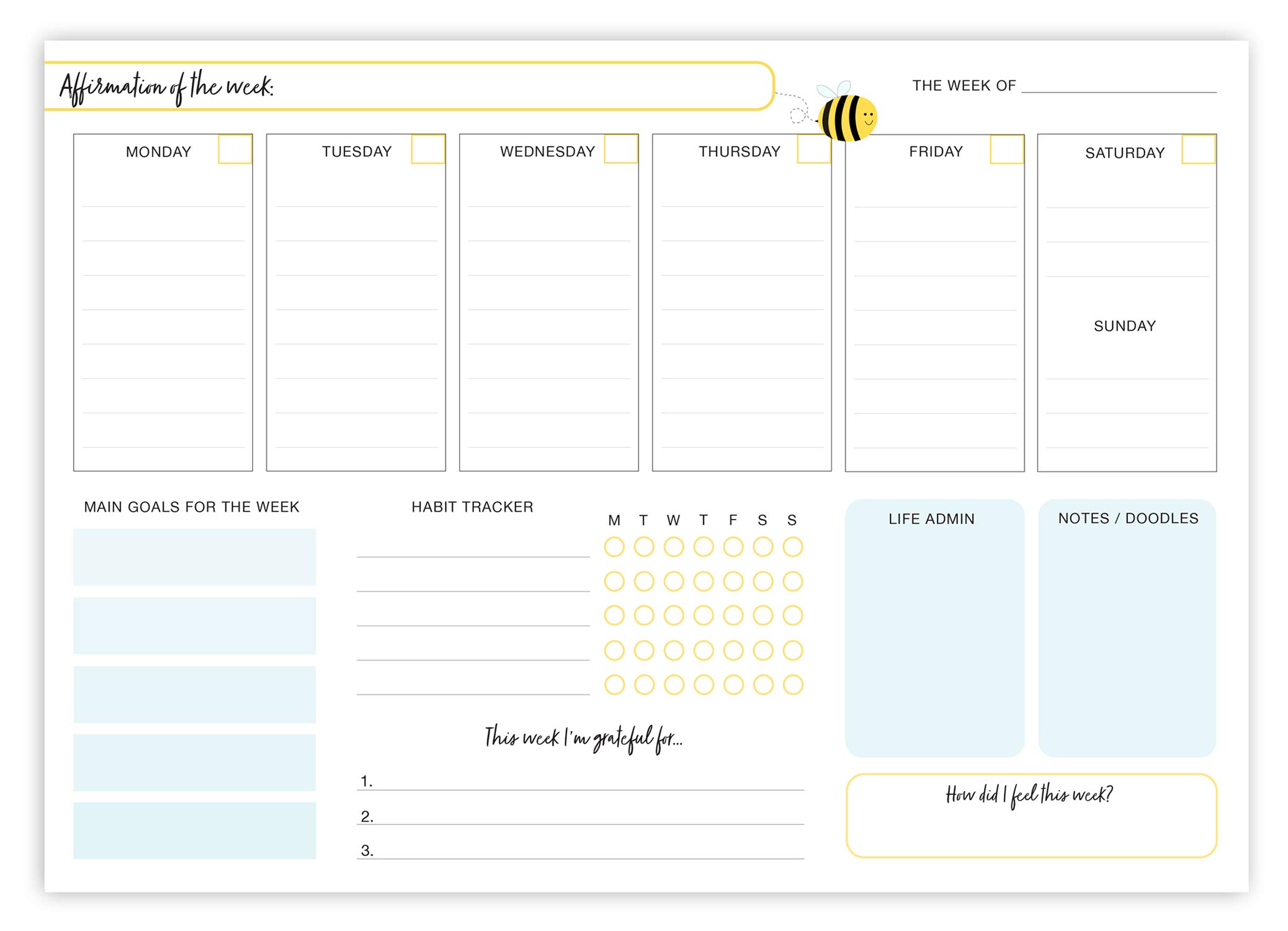 BYANIKA A4 Weekly Planner Pad | Cute To Do List Notepad & Productivity Planner | 120gsm Desk Pad | 50 Tear-Off Sheets | Plan Week & Goals For Better Work-Life Balance | Sweet Bee Design | Great Gift