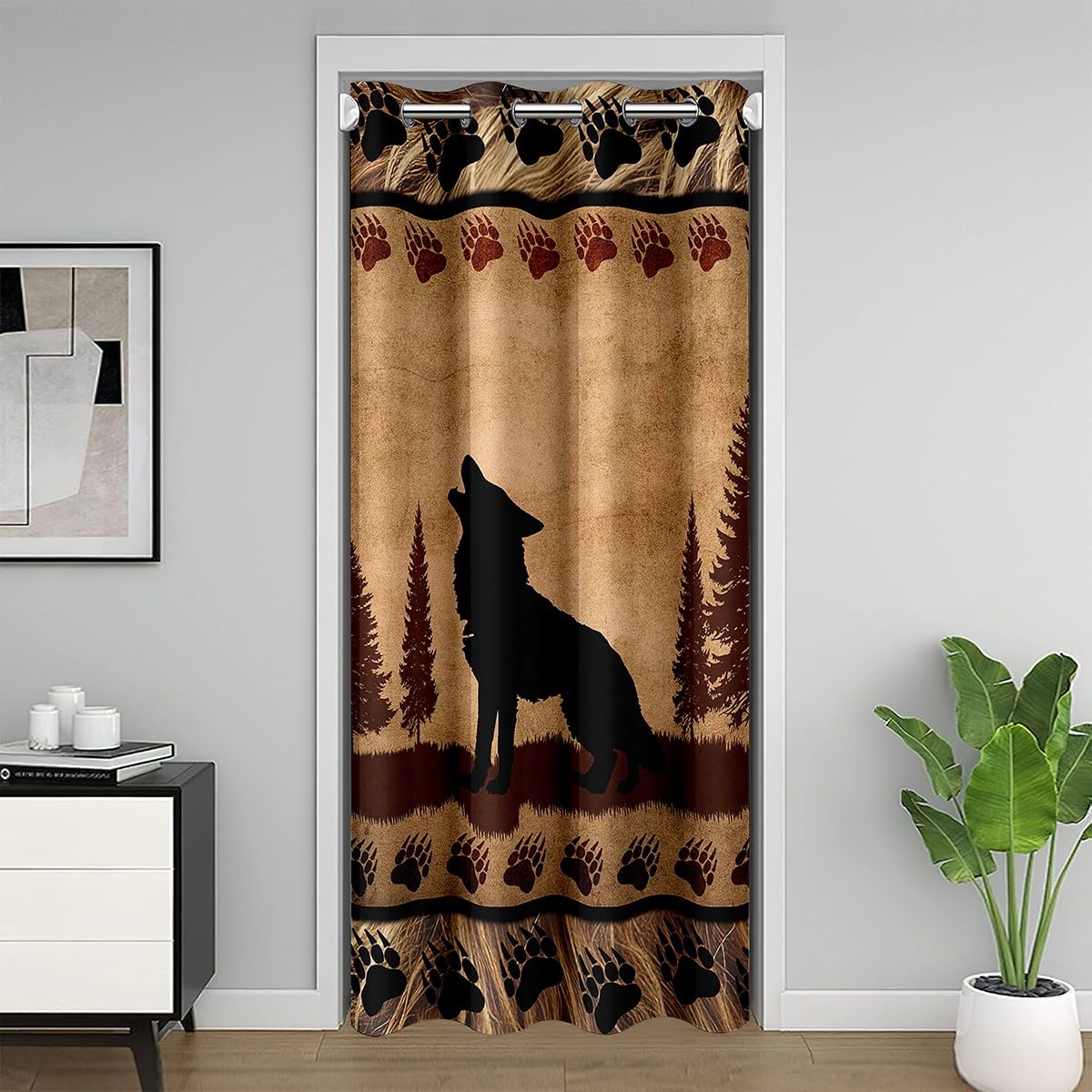 Cute Wolf Door Curtain for Doorway Privacy 132x203cm Girls Boys Wolves Howling Room Curtain Room Animal Wolves Tree Pattern Closet Door Cover Curtain Exotic Style Brown Black Window Treatments