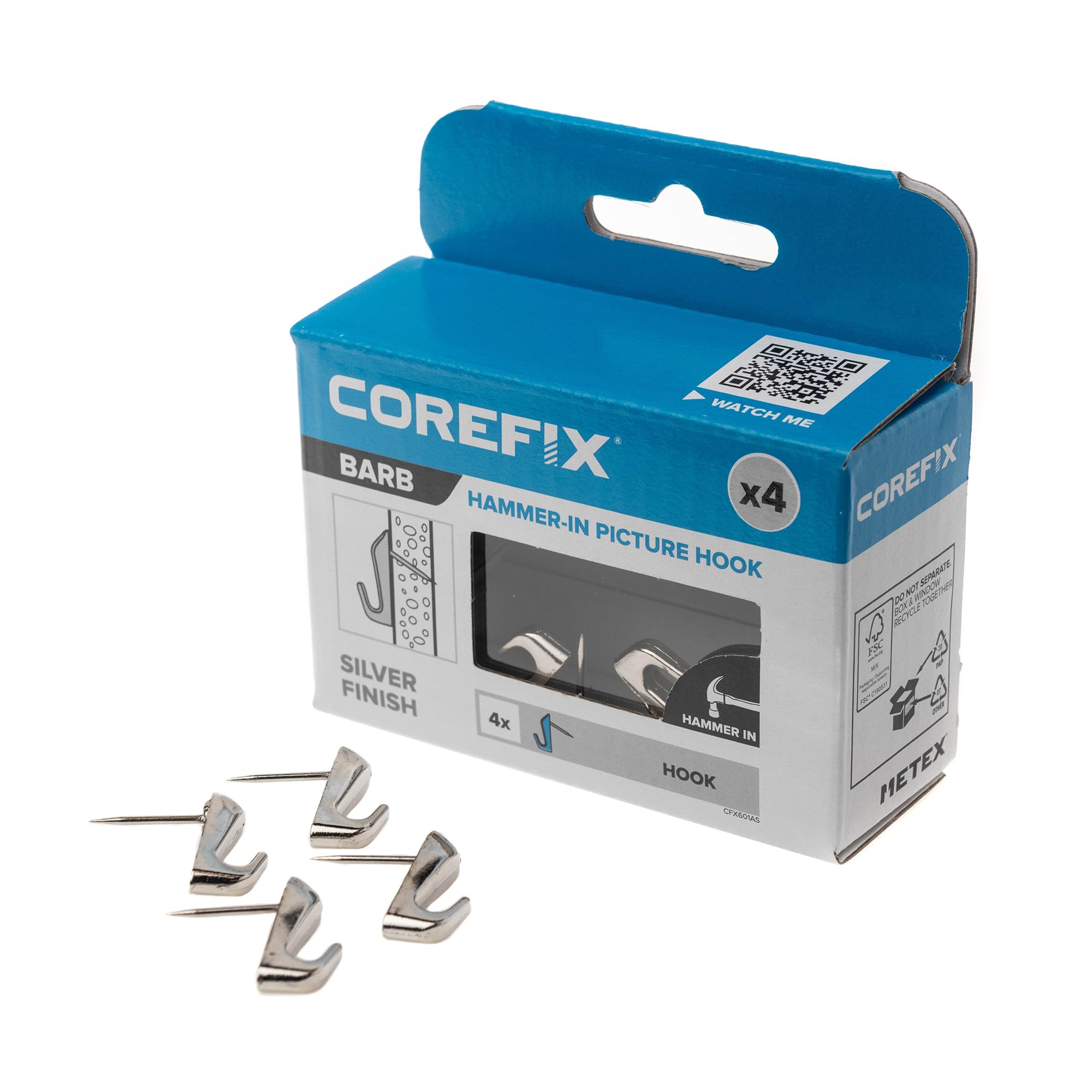 Corefix Barb Wall Hook 4 Pack Universal Hammer-In Picture Hooks, Wall Hooks for Hanging Frames, Mirrors or Canvas into Plasterboard or Wood. Removable and Reusable Hook With Neat Modern Finish -Silver
