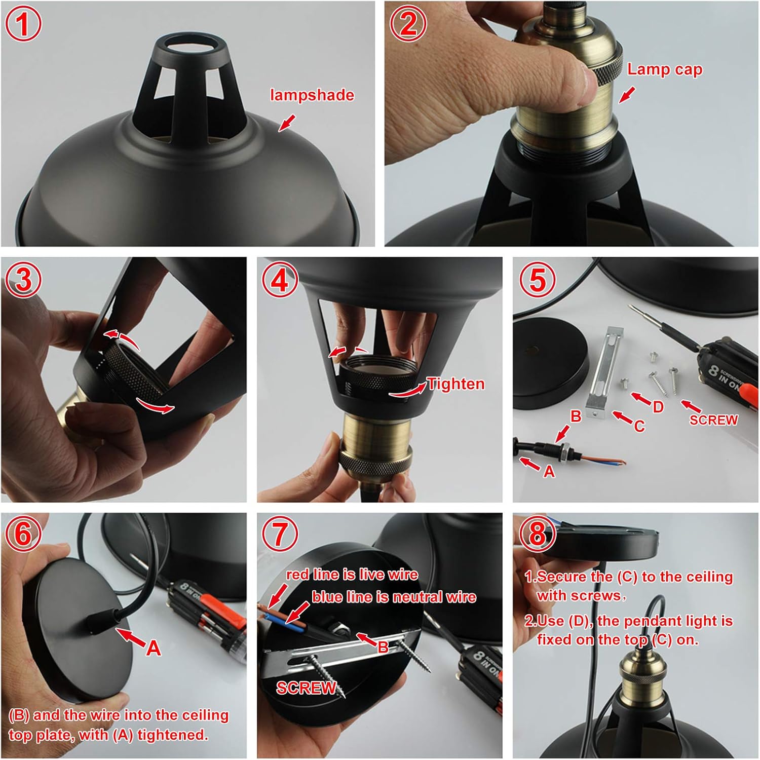 B2ocled Industrial Barn Pendant Light Vintage Style 1 Light E26/E27 Based Lamp Shade for Kitchen, Bedroom, Dining Room, Living Room, Porch - - 