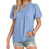 Funlingo Womens Boho Tops Summer Short Puff Sleeve V Neck Blouses Dressy Casual Flowy Swiss Dot Lace Crochet Shirts