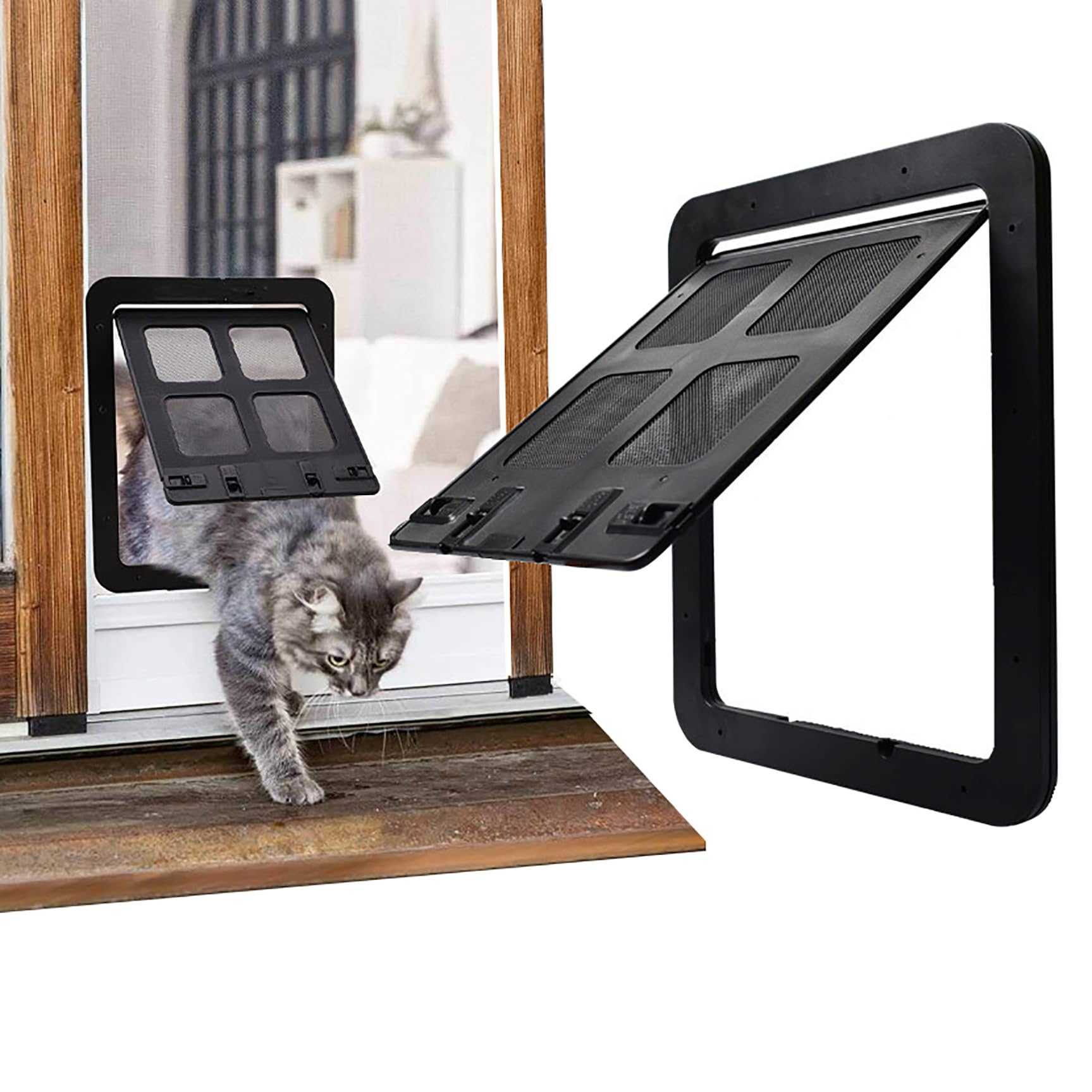 Cdycam Dog Cat Door for Screen Door with Magnetic Flap Lockable, Magnetic Closure Sturdy Screen Pet Door for Existing Sliding Door, Window (S (Inside Size: 9.4"*7.4"), Black)