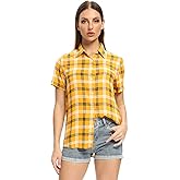 OCHENTA Women's Short Sleeve Plaid Button Down Shirt Casual Summer Blouses Tops C Yellow White XL