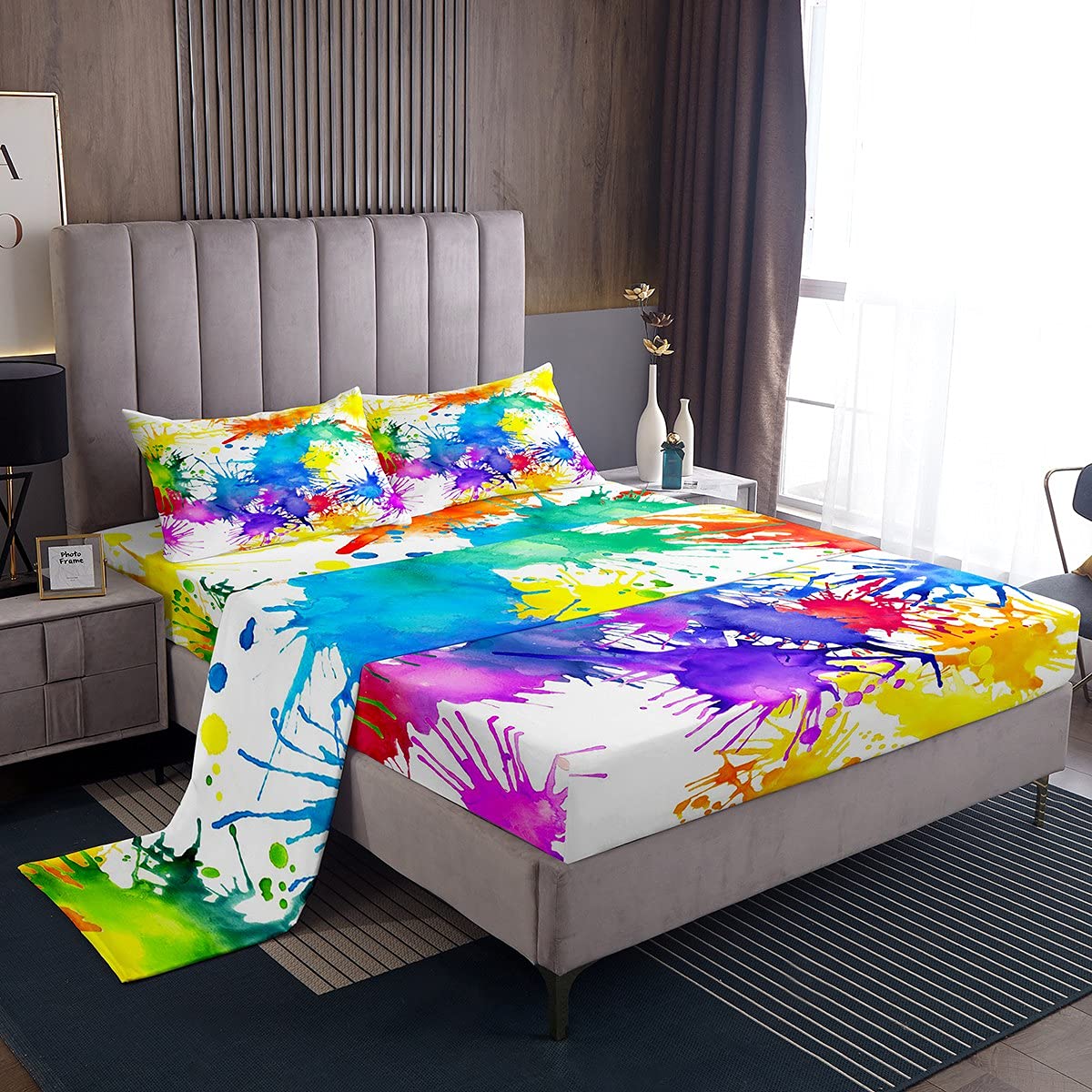 Loussiesd Tie Dye Bedding Set Double Size Kids Girls Hippie Tie Dye Bed Sheet Set for Kids Adult Colorful Rainbow Style Sheets Set Multicolor Abstract Art Bedding Sheets 4Pcs with 2 Pillowcase — image 1