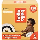 Hello Bello Premium Diapers, Size 1 (8-12 lbs) Surprise Pack for Boys - 128 Count, Hypoallergenic with Soft, Cloth-Like Feel - Assorted Boy & Gender Neutral Patterns