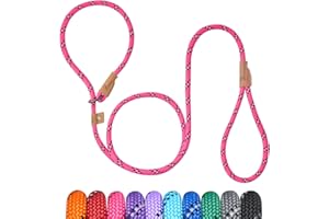 Petarea 5 FT Slip Lead Dog Leash, Heavy Duty Rope Leash for Small Medium Large Dogs, No Pull Training Lead with Reflective Thread, Strong Comfortable Loop Leash (Pink Stripe, Medium(3/8"))