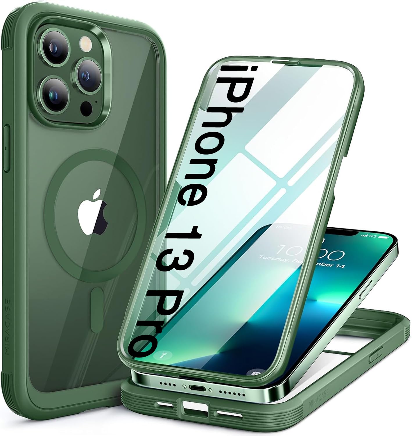 Photo 1 of **BROKEN** Miracase Magnetic Glass for iPhone 13 Pro Case,Compatible with MagSafe,Full-Body Bumper with Shockproof Military-Grade,Built-in 9H Tempered Glass Screen Protector for iPhone 13 Pro,Acacia Green