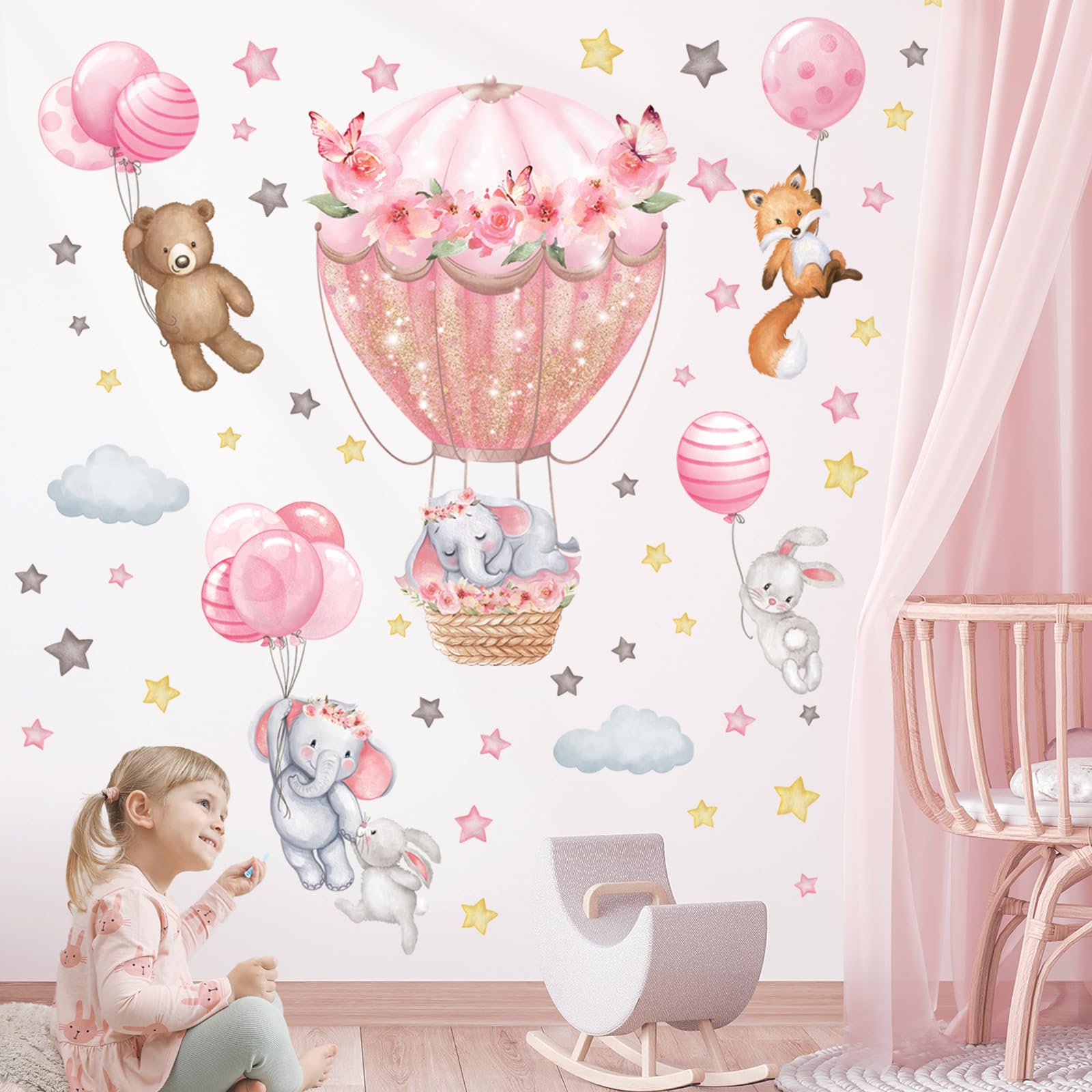 DECOWALL Animals Hot Air Balloon Wall Decals – Cute Elephant, Bear, Flowers & Balloons Wall Stickers for Kids, Baby Nursery, Girls Bedroom & Playroom Décor (SG2-2408) — image 1