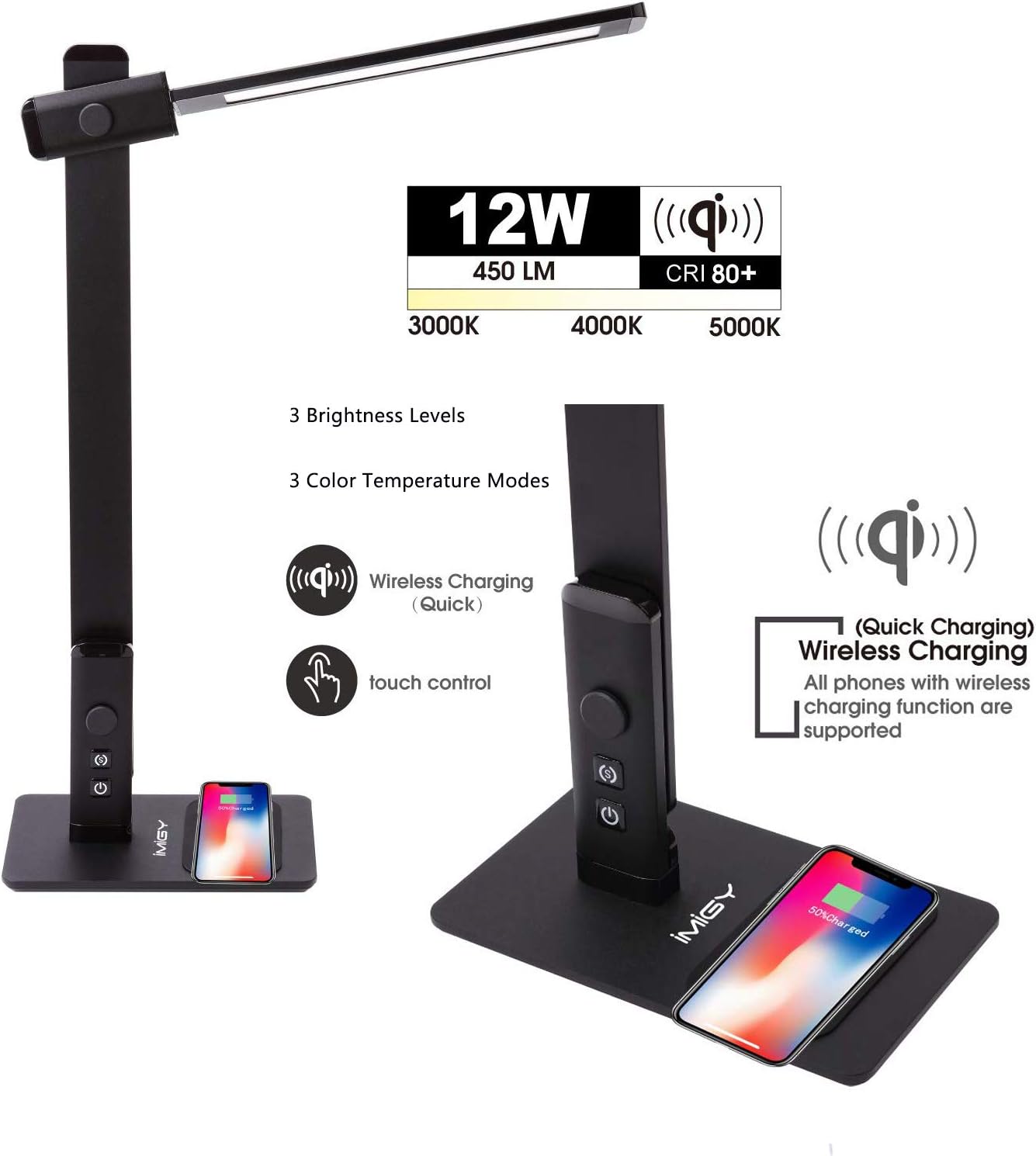 imiGY 12W Dimmable LED Desk Lamp with USB/Wireless Qi Charging, Dimmable Office Lamp, Touch Control with 3 Brightness 3 Color Modes for iPhone 8/8Plus/X/Xs/Xs Max and Galaxy S8/S9