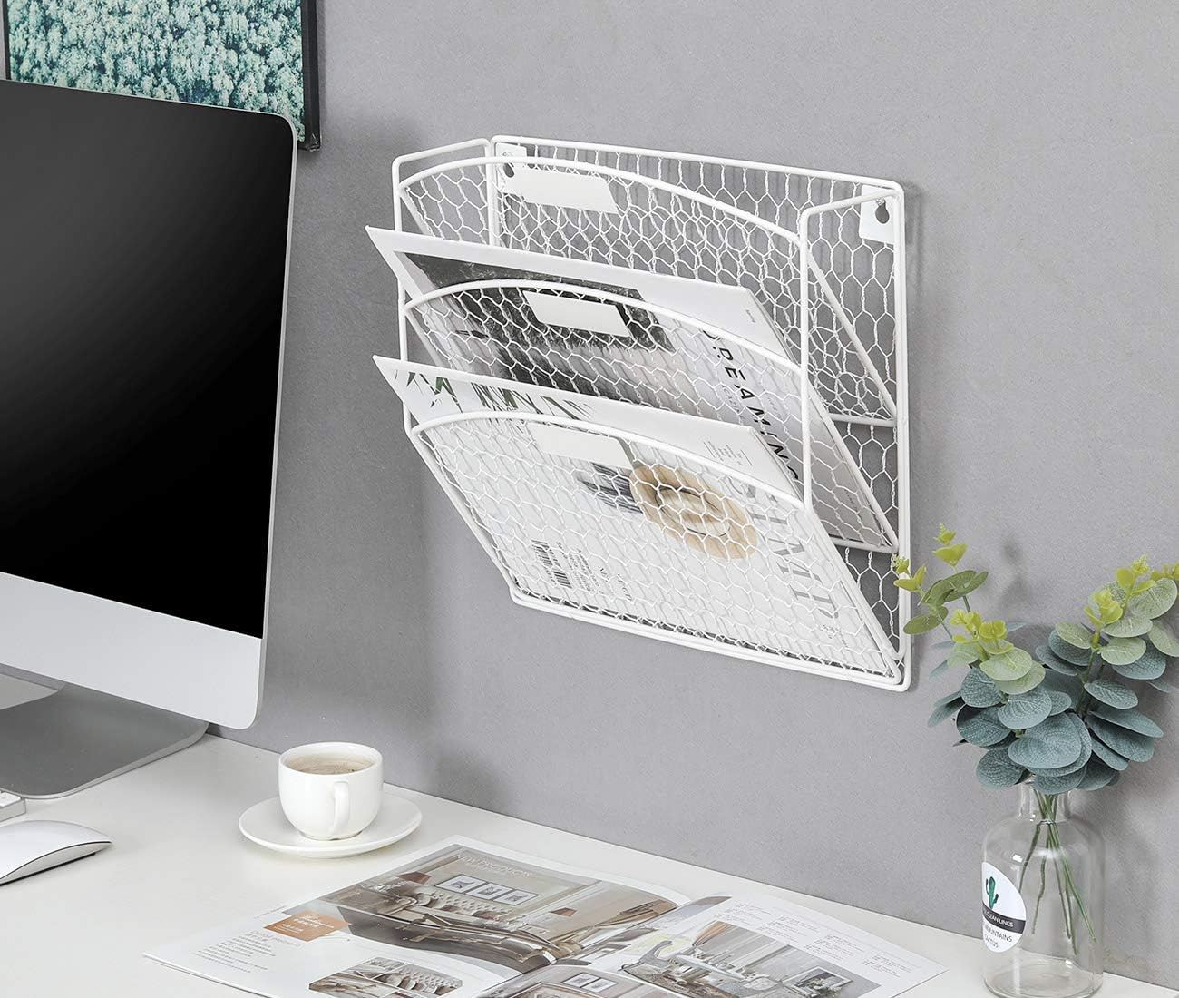 TQVAI 3 Tier Wall Hanging File Holder Chicken Wire Wall Mount File Rack Folders, White : Office Products