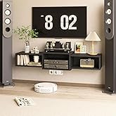 IBUYKE Floating TV Stand Wall Mounted with Power Outlet,Modern Wood Wall Mounted Media Console Shelf,Floating Entertainment Center for Under TV Storage for Living Room Bedroom Office,Black WST001B-