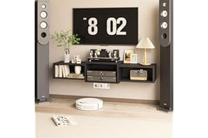 IBUYKE Floating TV Stand Wall Mounted with Power Outlet,Modern Wood Wall Mounted Media Console Shelf,Floating Entertainment Center for Under TV Storage for Living Room Bedroom Office,Black WST001B-