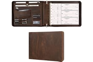 DUKE&COW Leather Business Checkbook Binder - 7 Ring Zippered Binder with Check Book Holder for 3 Per Page, 600 Checks Capacity for 9 x 13 inch Sheets, Dark Khaki
