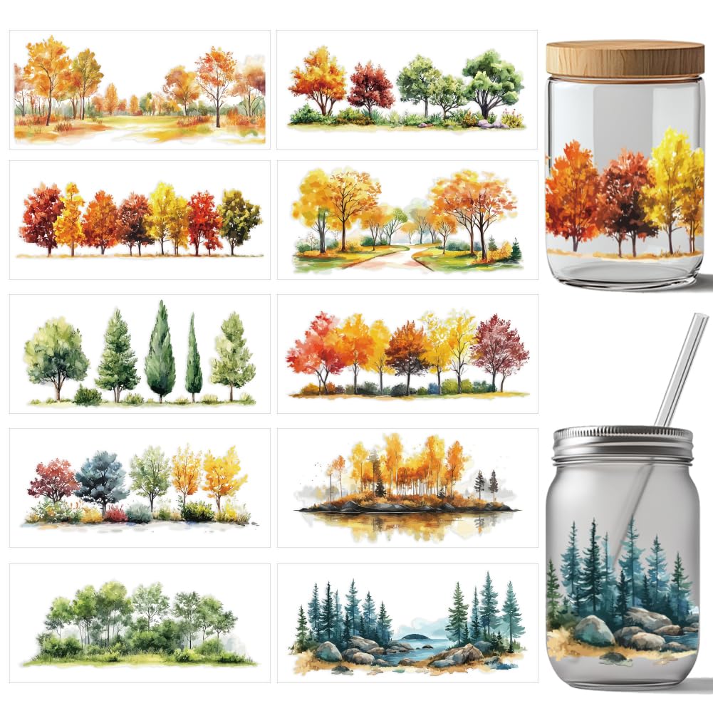 arricraft 10 Sheets UV DTF Cup Wrap, 10 Styles Trees Theme Forest Landscape Illustration Rub on Transfers PVC Transfer Stickers Waterproof Rub Decals for DIY 16OZ Glass Cups Furniture Wood