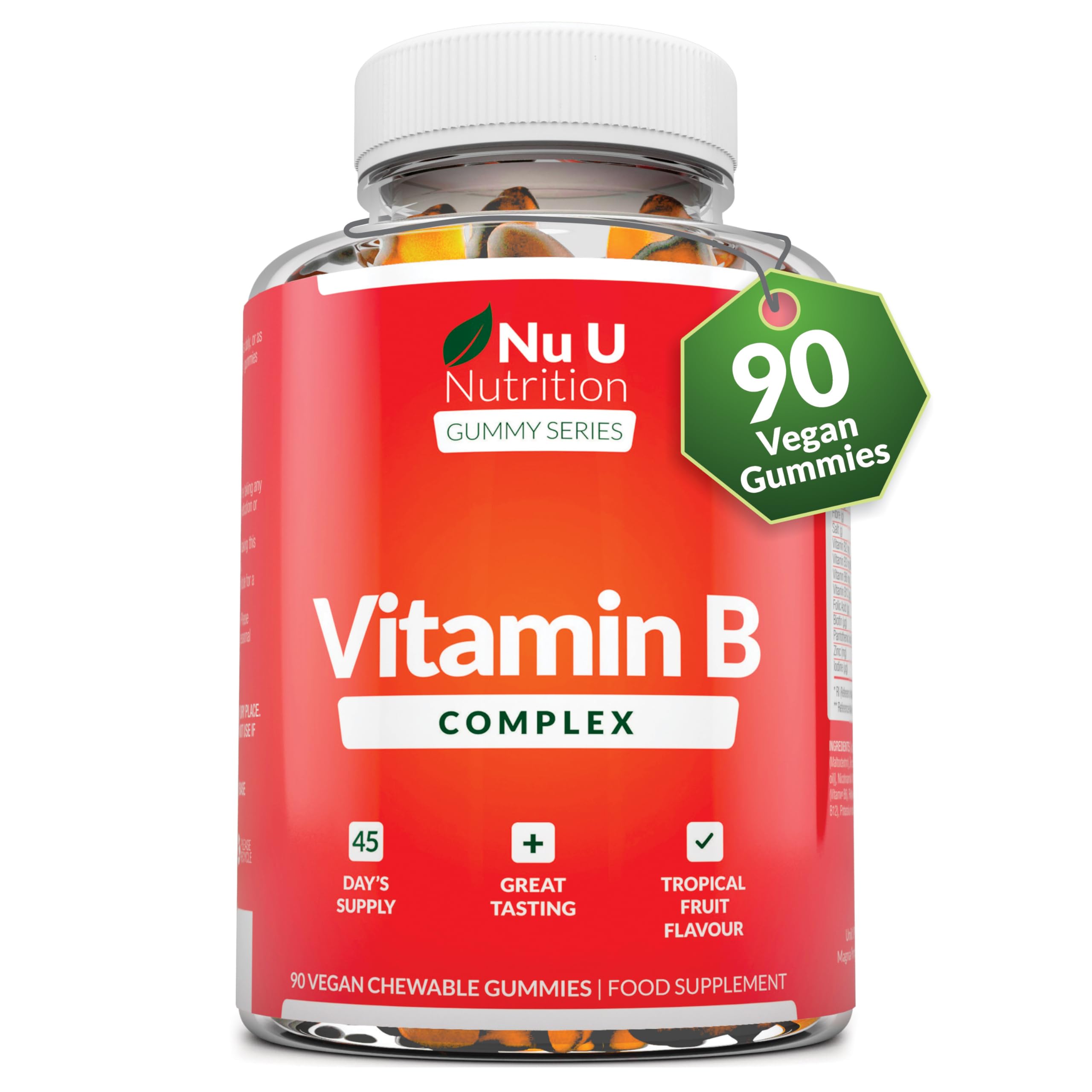 Vitamin B Complex Gummies for Adults & Kids (12+) - 90 Vegan Gummies - Tropical Fruit Flavour - High Strength Vitamin B2, B3, B5, B6, B8, B12, Folic Acid, Zinc & Iodine - Nu U Nutrition