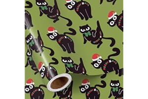 RUSPEPA Christmas Cat Wrapping Paper Roll, Mini Roll, Black Cats with Santa Hats and Merry XMAS Text, Fun Holiday Gift Wrap f