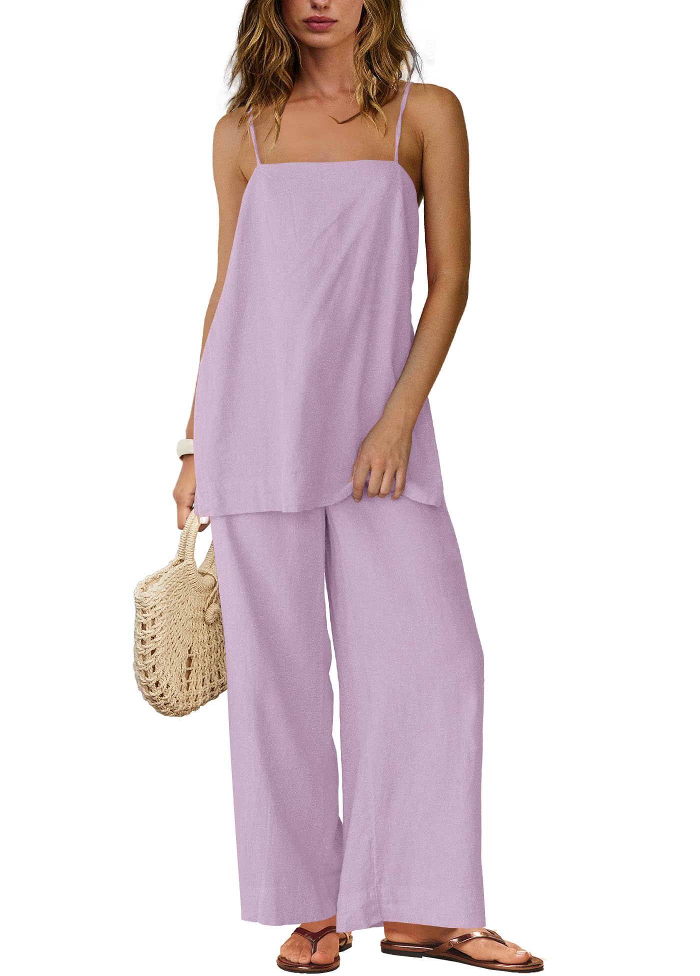Photo 1 of SENSERISE Linen Sets for Women 2 Piece Set Summer Beach Vacation Outfits Spaghetti Strap Tank Top and Pants Sets(Light Purple,S)