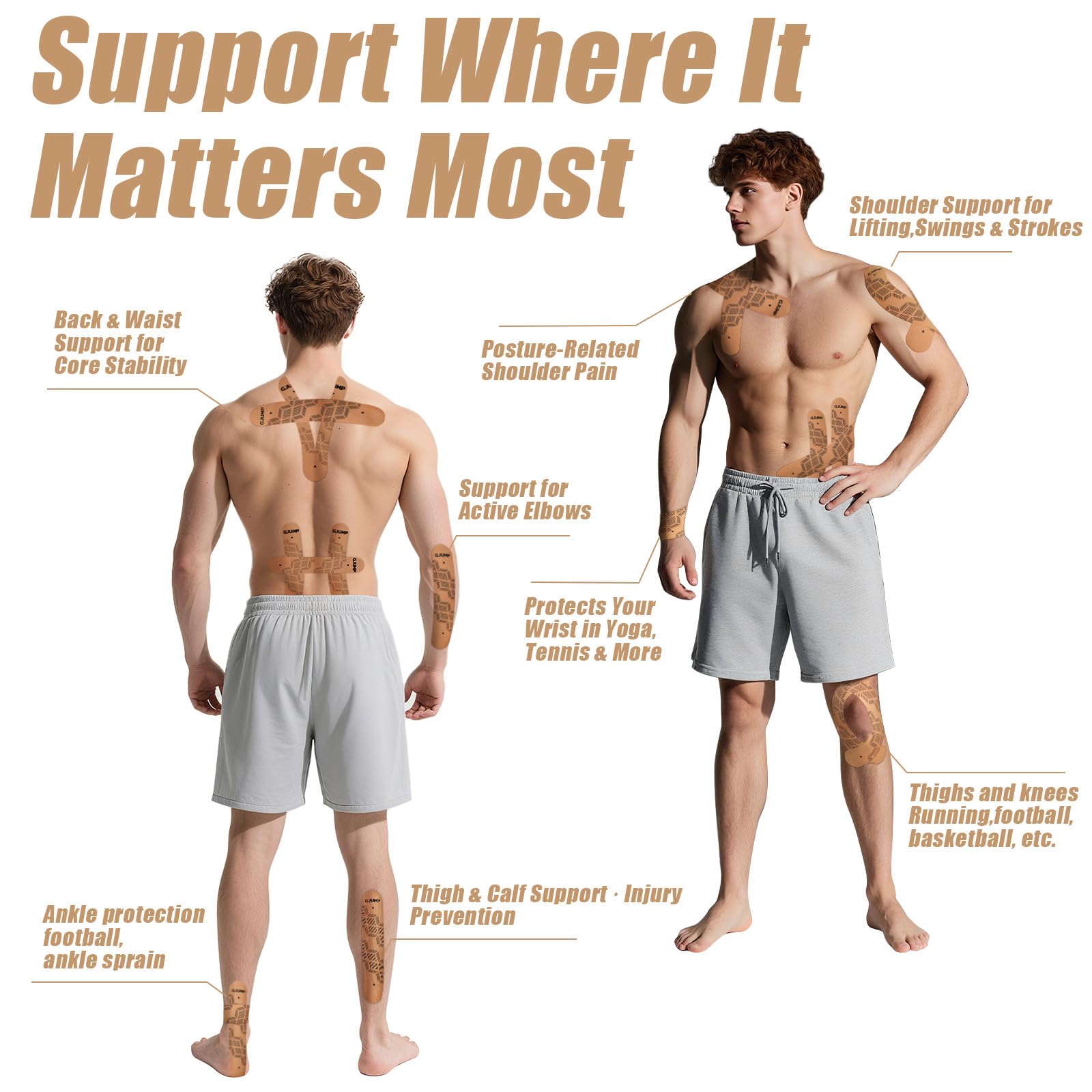 Kinesiology Tape, 40 Count Precut Strips 2 Rolls, Original Cotton Elastic Athletic Tape for Muscle Strain Relief & Joint Support, Waterproof & Breathable Sports Tape for Support and Recovery