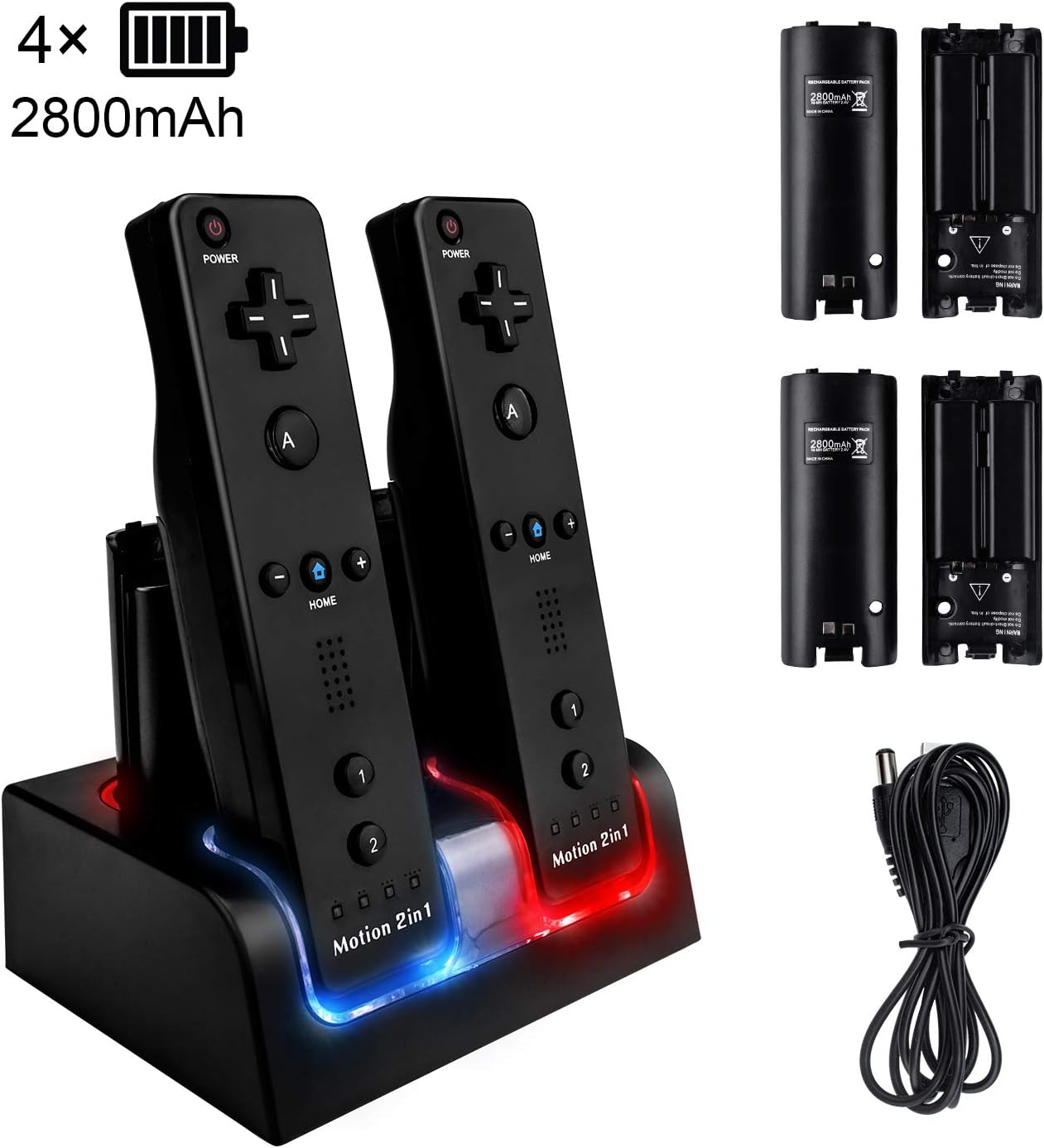 Charging Station for Wii Remote, Beinhome Wii Remote Charger Dock with 2800mAh Rechargeable Batteries and LED Light Indicator -Black