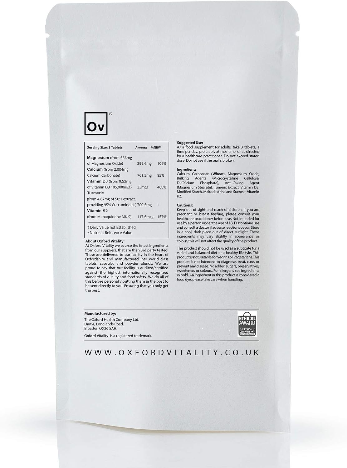 Oxford Vitality Magnesium, Calcium, Vitamin D3 4000IU + K2 MK-7 & Turmeric Tablets - Image 3