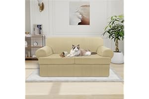 Pfrstuv Waterproof Loveseat Cover 3-Piece Set Striped Slipcover for 2 Separate T Cushion Couch - TPU Fabric 2-Seater Sofa Covers Leakproof Couch Protector for Kids, Pets(Loveseat, Camel)