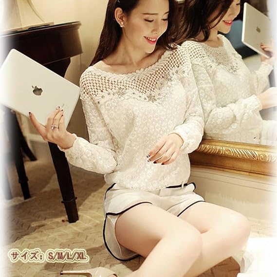 Amazon おしゃれ 泥棒 レディース ファッション トップス 大人 フェミニンスタイル フェミニン 上品 長袖 レース セレブ セクシー ブラウス カットソー 白 シャツ シースルー スリム 着やせ お洒落 オシャレ 上品 お嬢様 ホワイト サイズ ｓ ｍ ｌ ｘｌ S