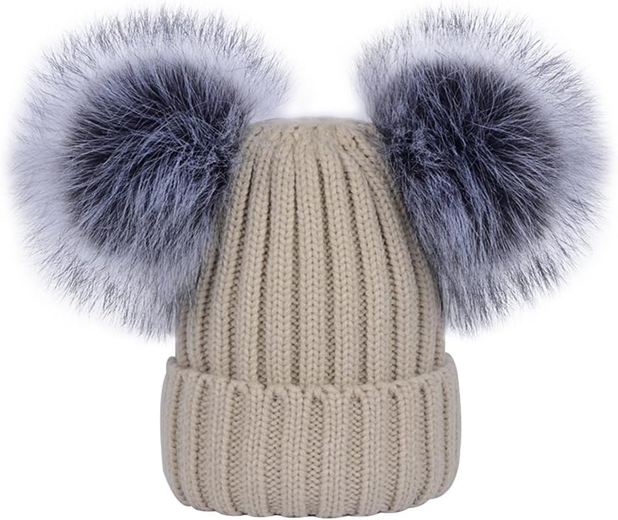 LOKTARC Women's Ribbed Winter Knitted Bobble Hat Double Faux Fur Pom