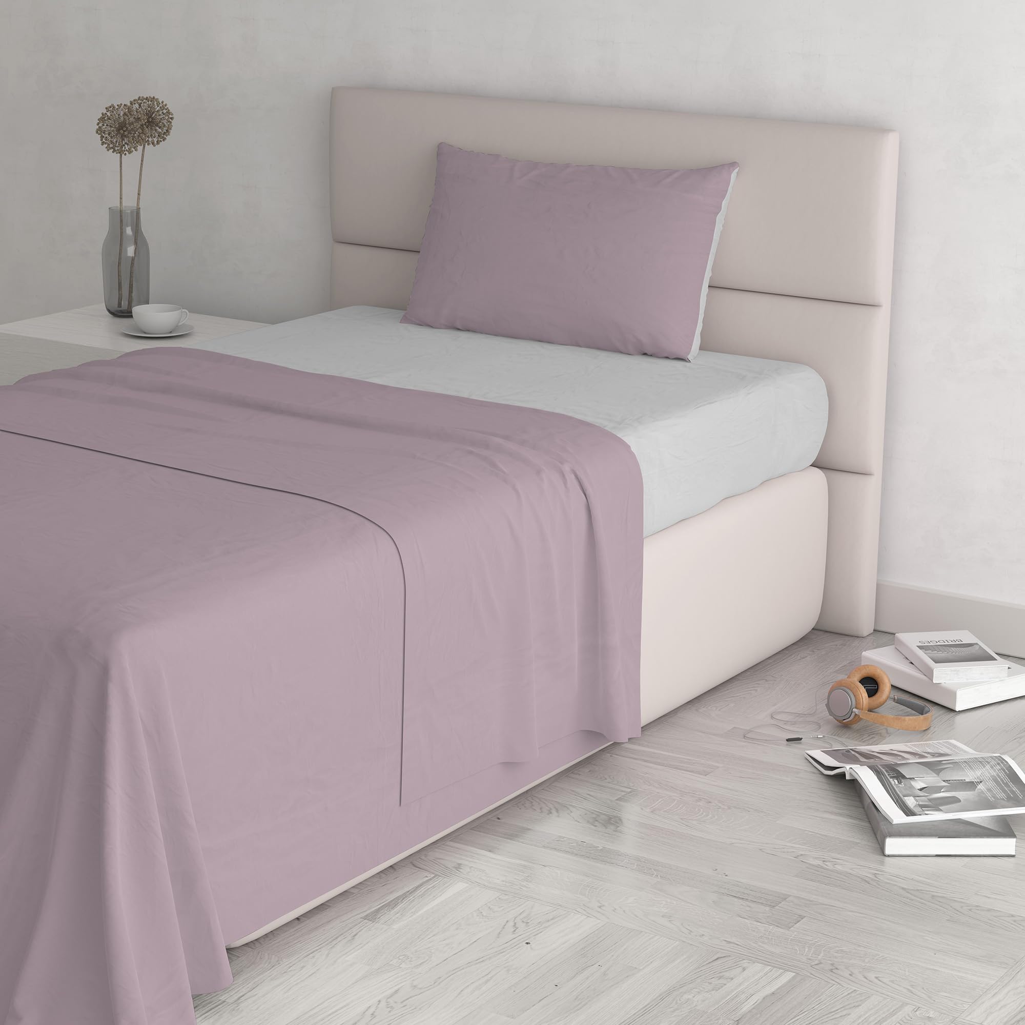 Italian Bed Linen Natural Color Bed Set (Flat 150x300, Fitted Sheet 90x200cm+Pillowcase 52x82cm), Petrol Bottle Green, Misty Rose/Light Gray, SINGLE