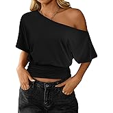 Hilinker Womens Off The Shoulder Tops Dolman Short Sleeve Ruched Sexy Summer T Shirts